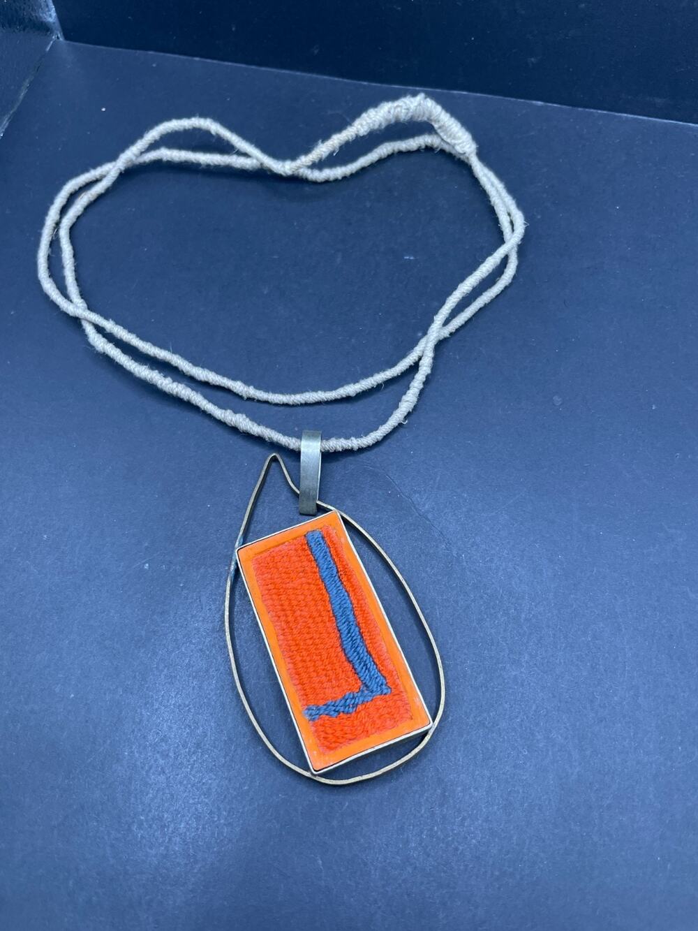 Vintage Handmade Geometric Red Blue Fiber Art Pendant Cord Necklace